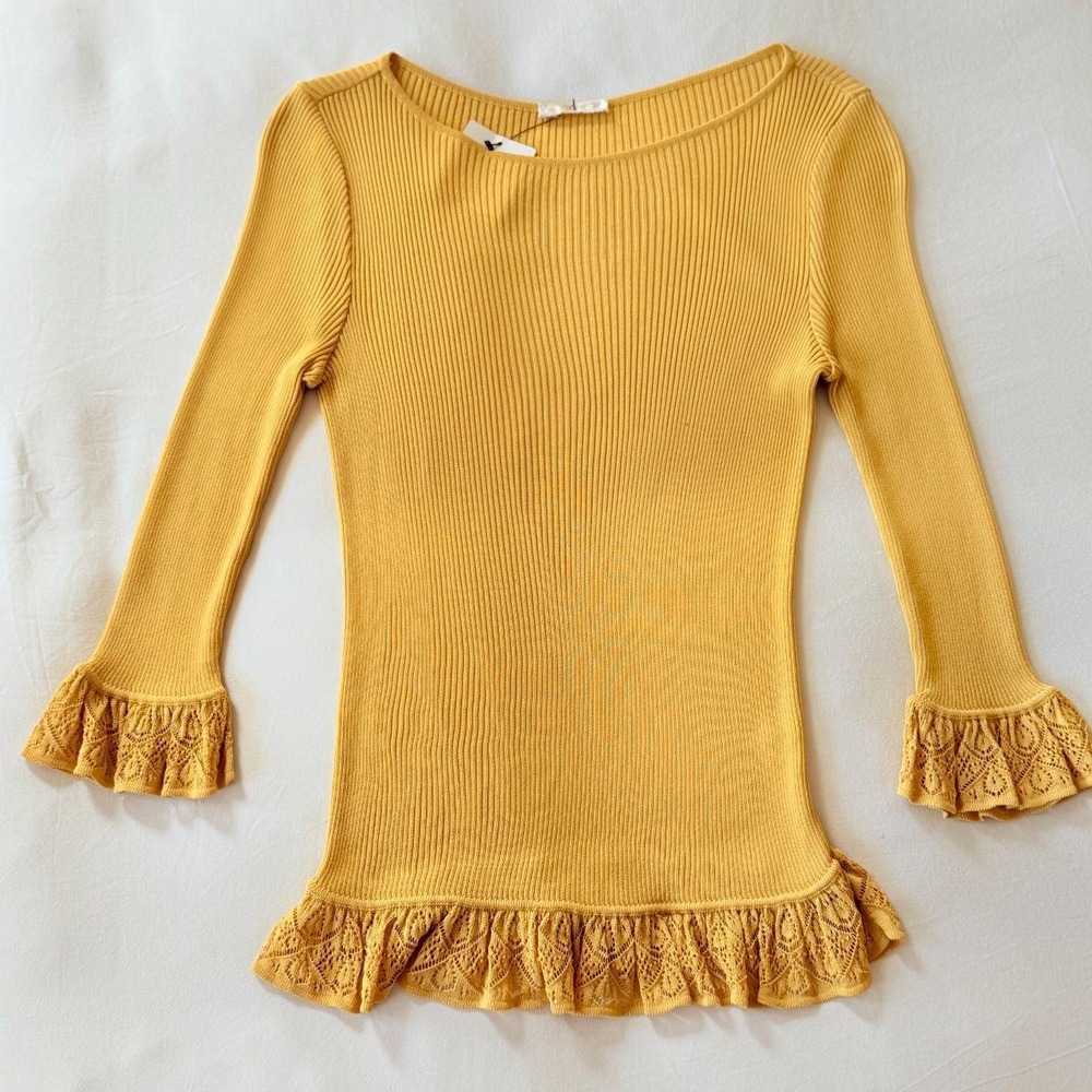See by Chloe Ochre Gold Ruffled Knit Tunic Top Yellow Boho Ribbed Long Sleeve L